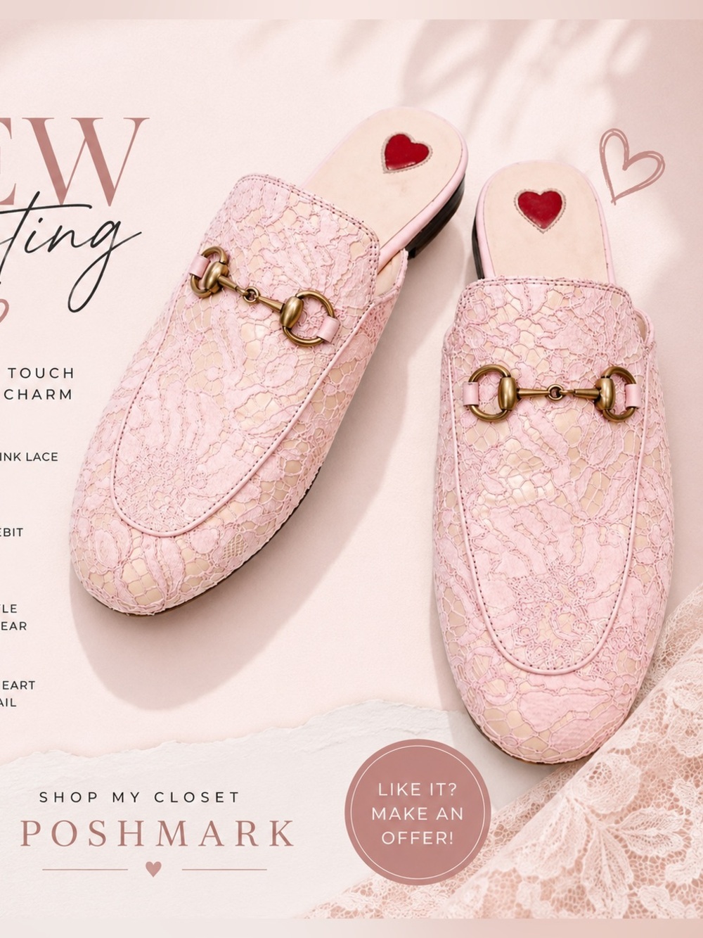 Gucci Princetown Pink Lace Mules with Gold Accents